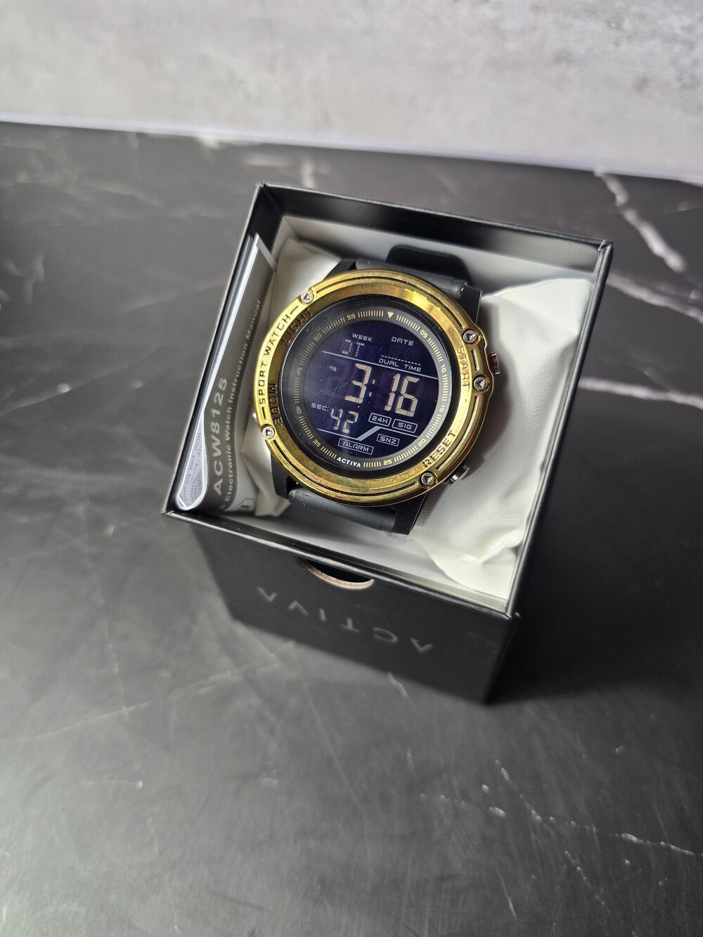 Activa ACW8125 Digital Sport Watch Black Resin Gold-Tone Bezel